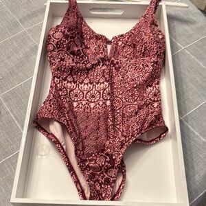 Kona Sol Red and Pink One Piece Swimsuit with Plunging V-neck